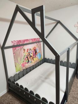 Gray Wood House Frame Toddler Floor Bed
