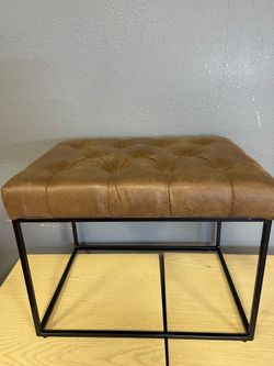 Trubeck Tufted Metal Base Ottoman Faux Leather Brown - Threshold