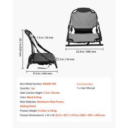 Kayak Seat, 1 Pack 1.3" Raised Height, Universal Foldable Canoe Seat with Adjustable Back Support, Adjustable Straps, and Aluminum Alloy Frame for Sit