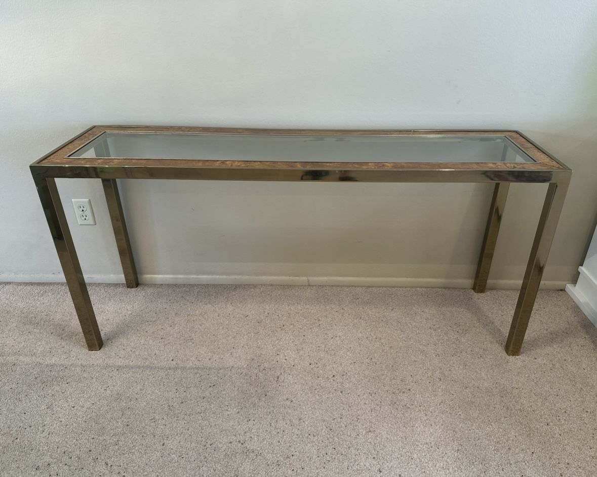 Vintage Mid Century Modern MCM Parsons Pearson Metal Brass BurlWood Glass Sofa Console Hall Entry Table