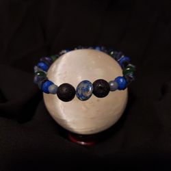 Blue Sapphire, Lapis, Emerald, Black Lava Rock Crystal Bracelet 