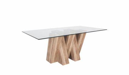 Modern Glass Top Dining Table with Wood Base and chairs