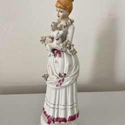 15” Tall Vintage Victorian Porcelain Lady With Dog