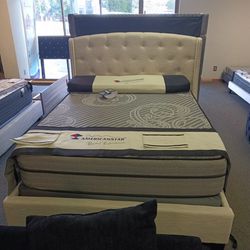 New Queen Size Khaki Linen Bed With Promotional Mattress And Box Spring Including Free Delivery