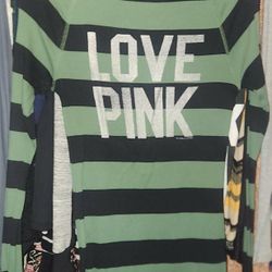 LIKE NEW VINTAGE VICTORIA'S SECRET PINK LOGO GREEN BLACK  STRIPE LOVE LONG SLEEVED HENLEY SHIRT BLOUSE TOP SIZE SMALL SM
