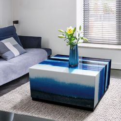 Empire Art Direct Grace Popp Blue Run Off I Modern Glass Coffee Table 36in