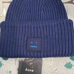 Acne Blue Embroidered Smiley Wool Hat

