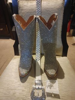 Silver Rhinestone Cowgirl Boots, Belt and Earrings