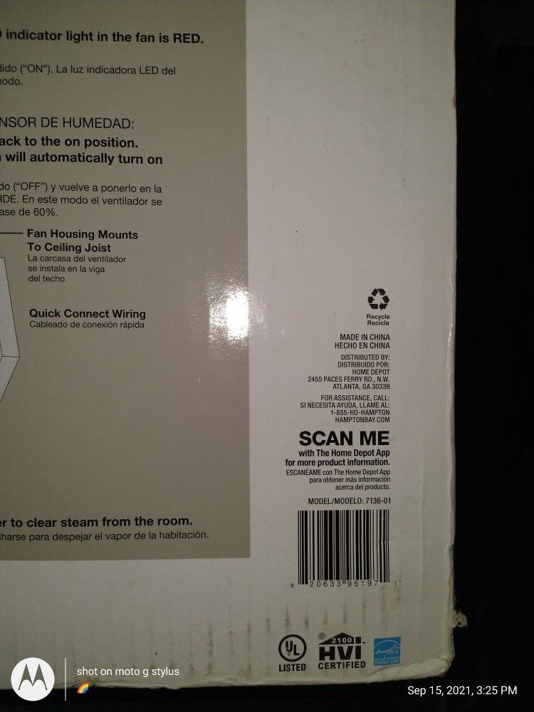 Hampton Bay Humidity Sensing Ventilation Fan /White Finish