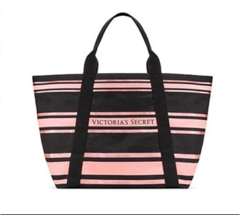 Victorias secret black and pink striped tote