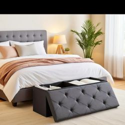 Giantex 43.5" Folding Storage Ottoman Bench, Storage Chest Box w/Divider, Padded Seat Shoe Bench, Fabric Tufted Ottoman for Home, Grey