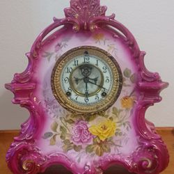 Antique Ansonia Royal Bonn La BRETAGNE Open Escapement Porcelain Clock with Key 