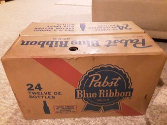 Pabst Blue Ribbon case with 24 empty bottles