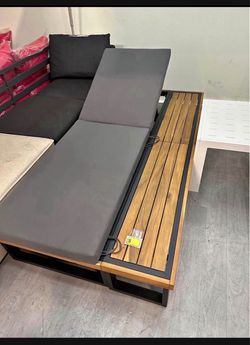New Outdoor Patio Chaise Lounge Metal Frame Acacia Wood Adjustable 3-Fold Cushions Pool Side Recline