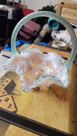 Fenton Opalescent Art Glass Basket with Twisted Handle