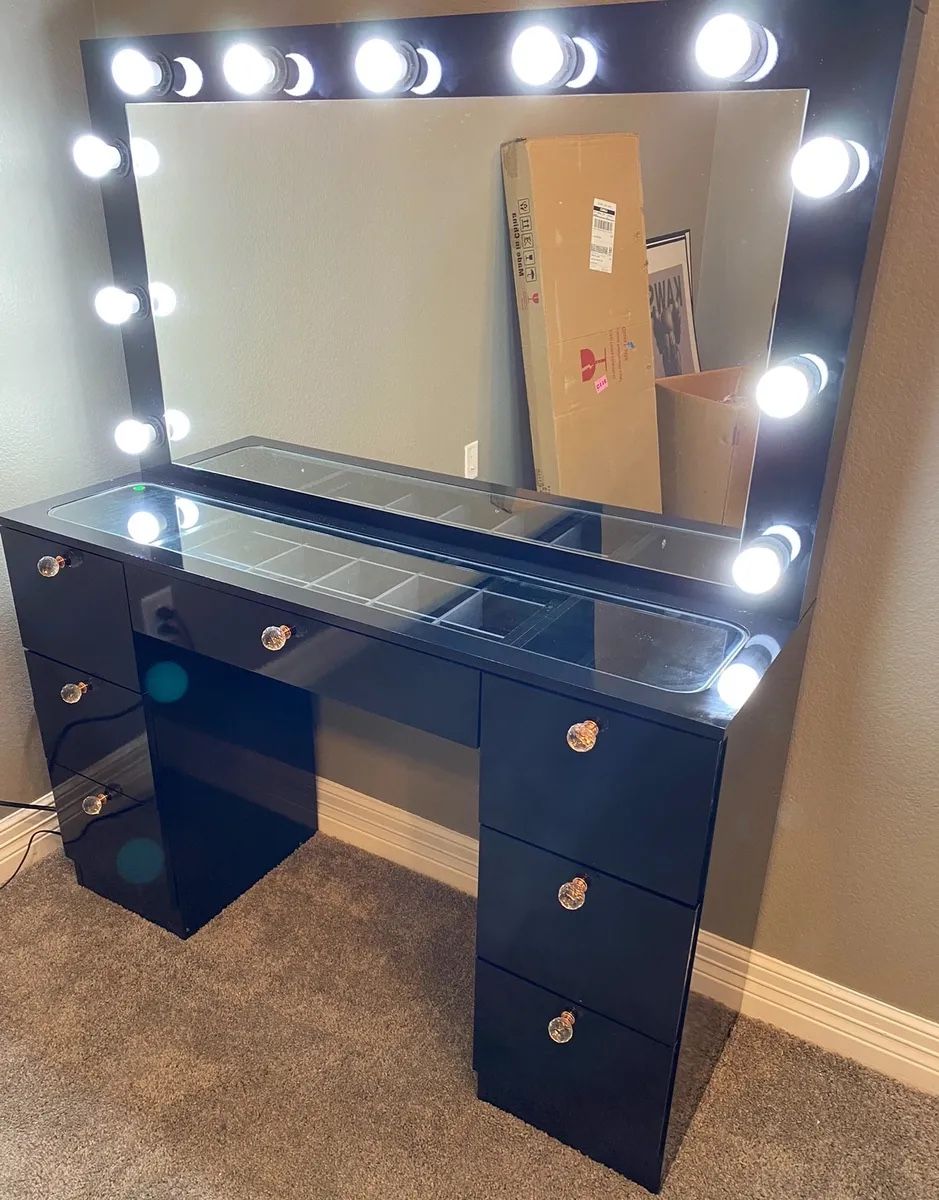 New Black Glass Top Make Up Vanity