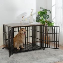 42” W Heavy Duty Dog Crate for Large Medium Dogs, Furniture Style cage with 4 Lockable Wheels and 2 Locks New