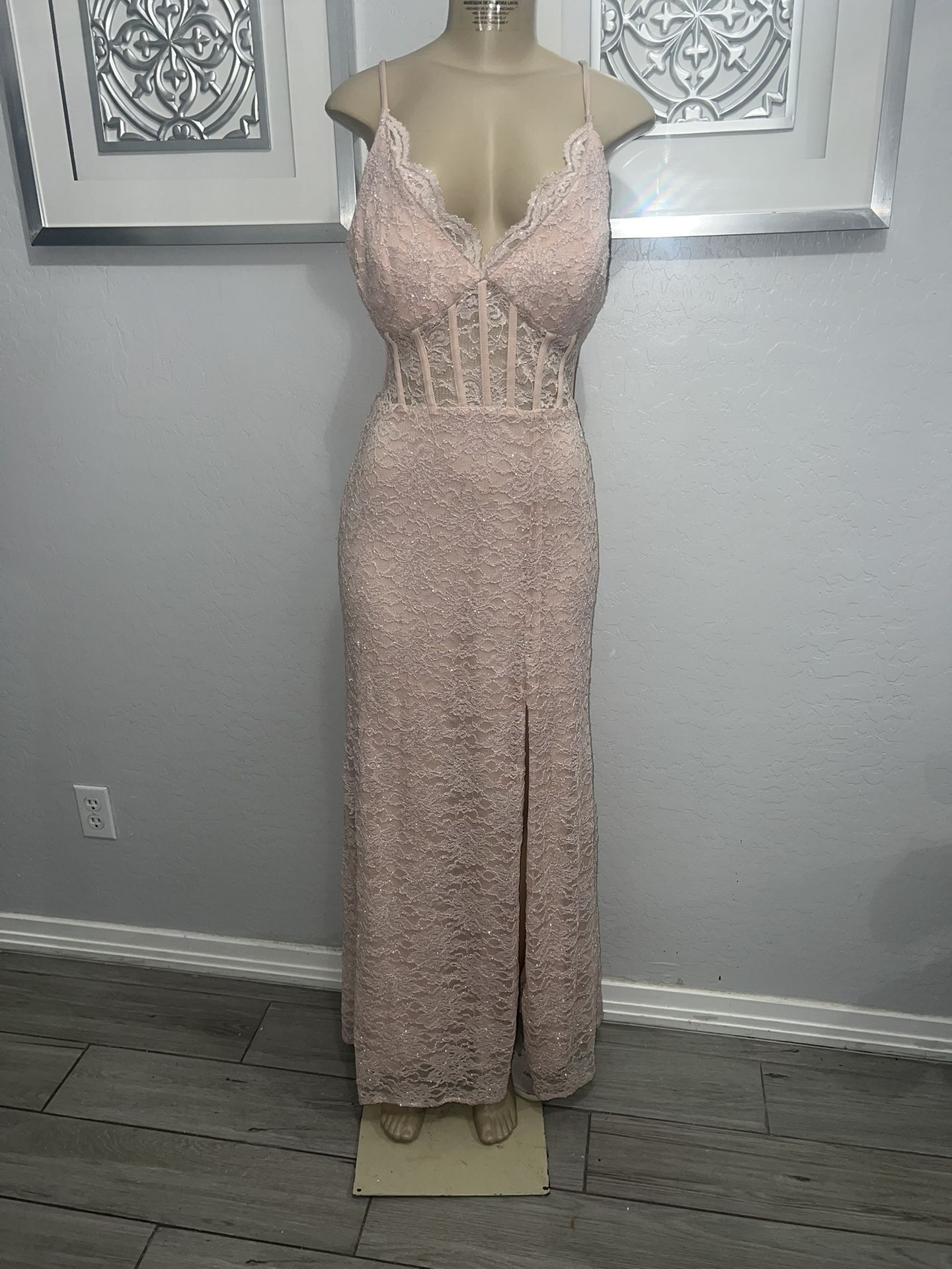 Morgan & Co Blush Lace Maxi Dress