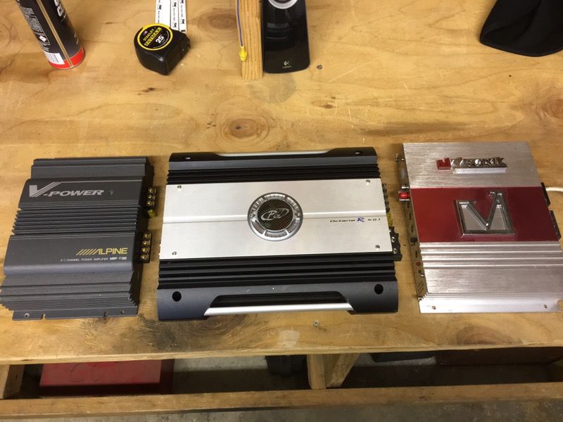3 Car Amps. Phoenix Gold, Alpine, Visonik, and 2 12"speakers in a Box