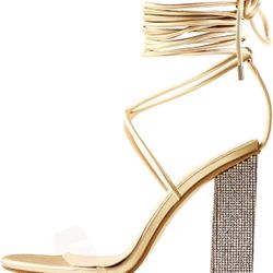 *EUC* Women's Gold & Rhinestone Block Heel Lace Up Ankle Wrap Sandals Size 8  