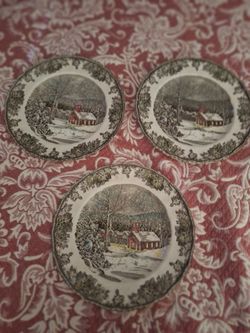3 vintage dinner plates . Friendly village by Johnson brothers made in England first introduced in 1953. (The School House) best offer