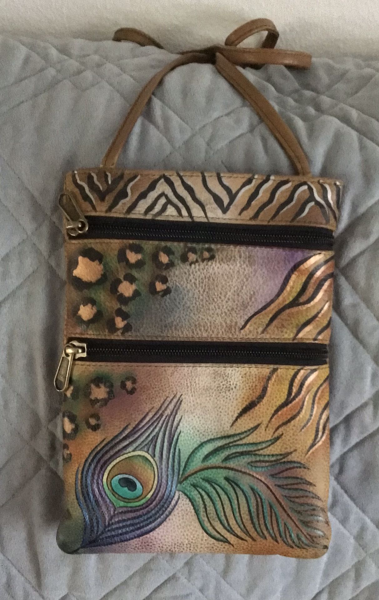 Leather Hand Painted Anuschka Cross Body Hand Bag Peacock Design