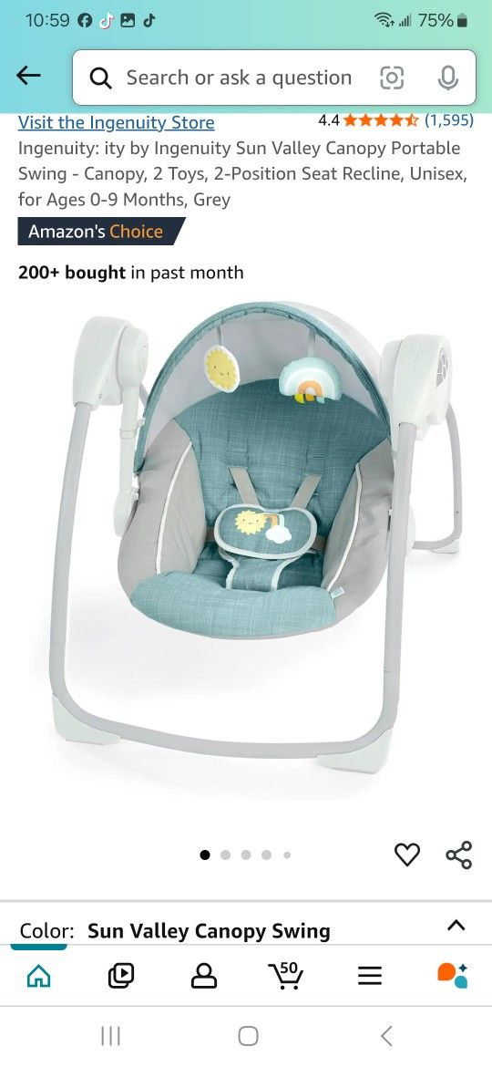 Ingenuity: ity by Ingenuity Sun Valley Canopy Portable Swing - Canopy, 2 Toys, 2-Position Seat Recline, Unisex, for Ages 0-9 Months, Grey