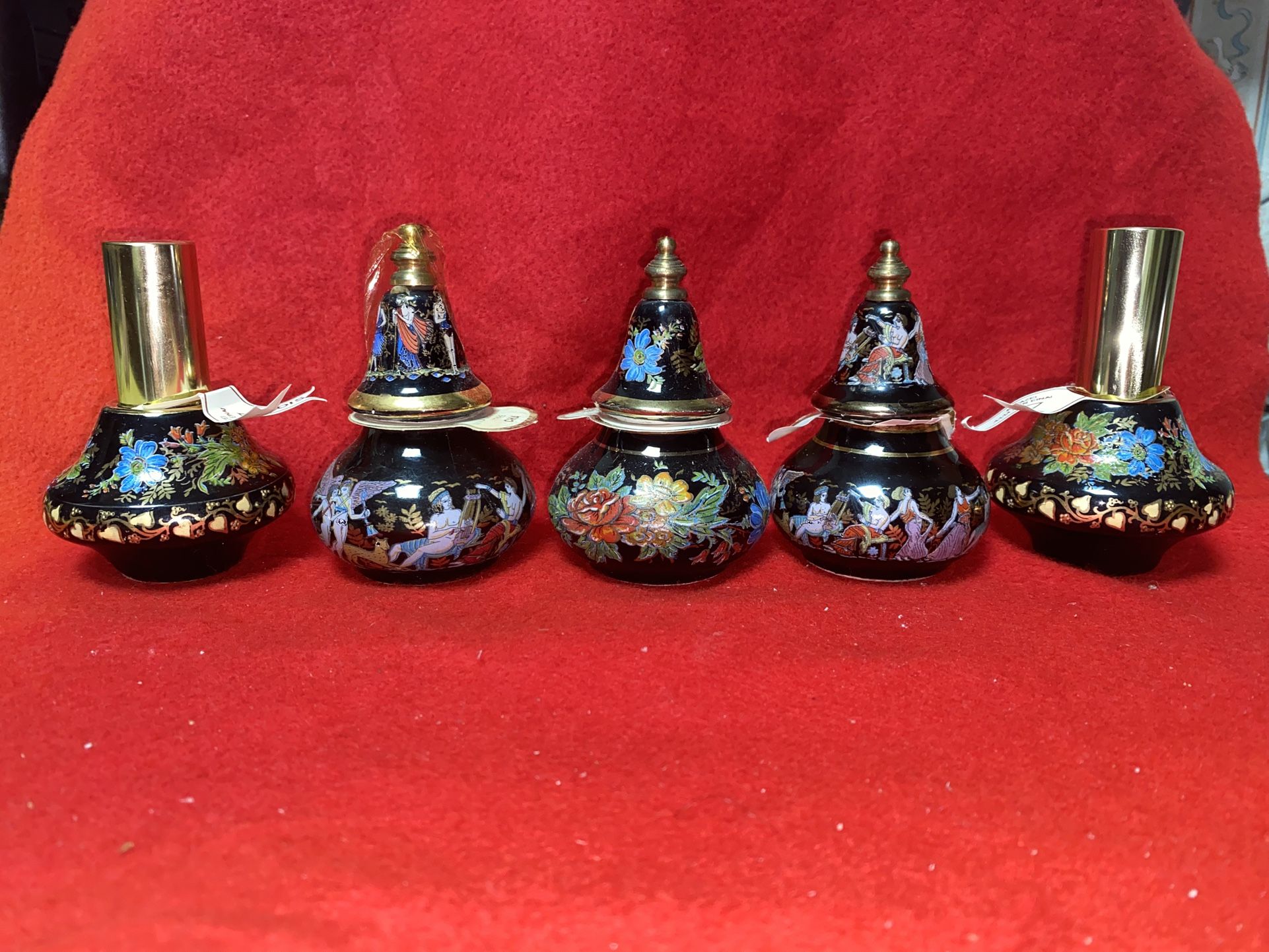 Vintage 3.5 Inch Set Of 5 2 Refillable Sprays, 3 Oil/Cream 24k gold Ceramic Vase Collectibles