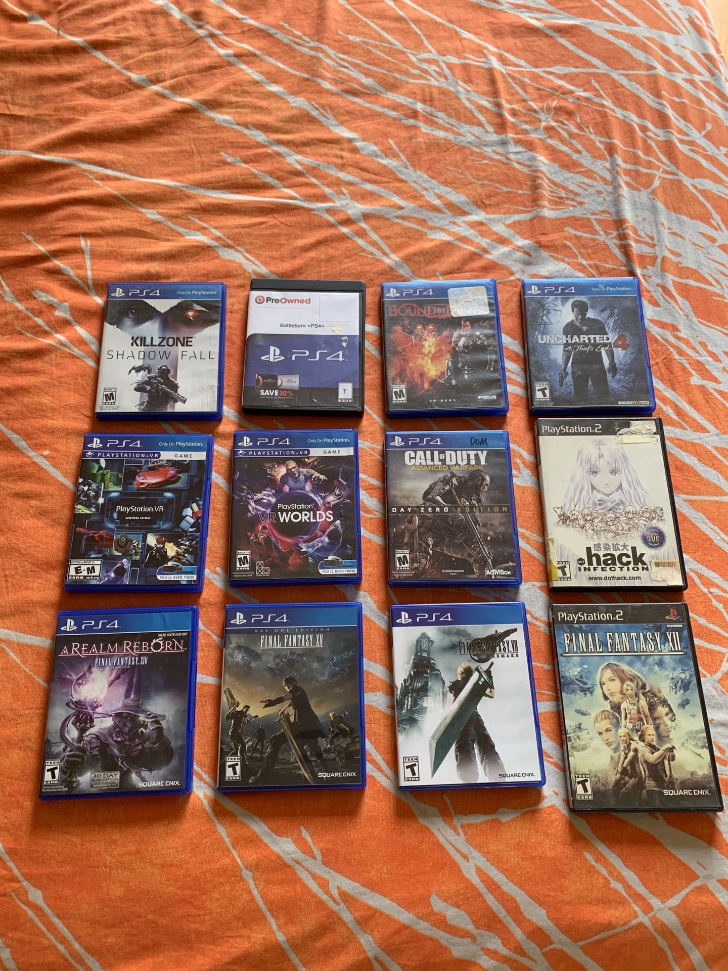 Final fantasy 7 remake, Final Fantasy 15 ,call of duty, kill zone, uncharted ,Bound by flame, FFXII, .Hack Infection PS2