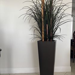 Real Bamboo and Artificial Leaves with Bronze Pot