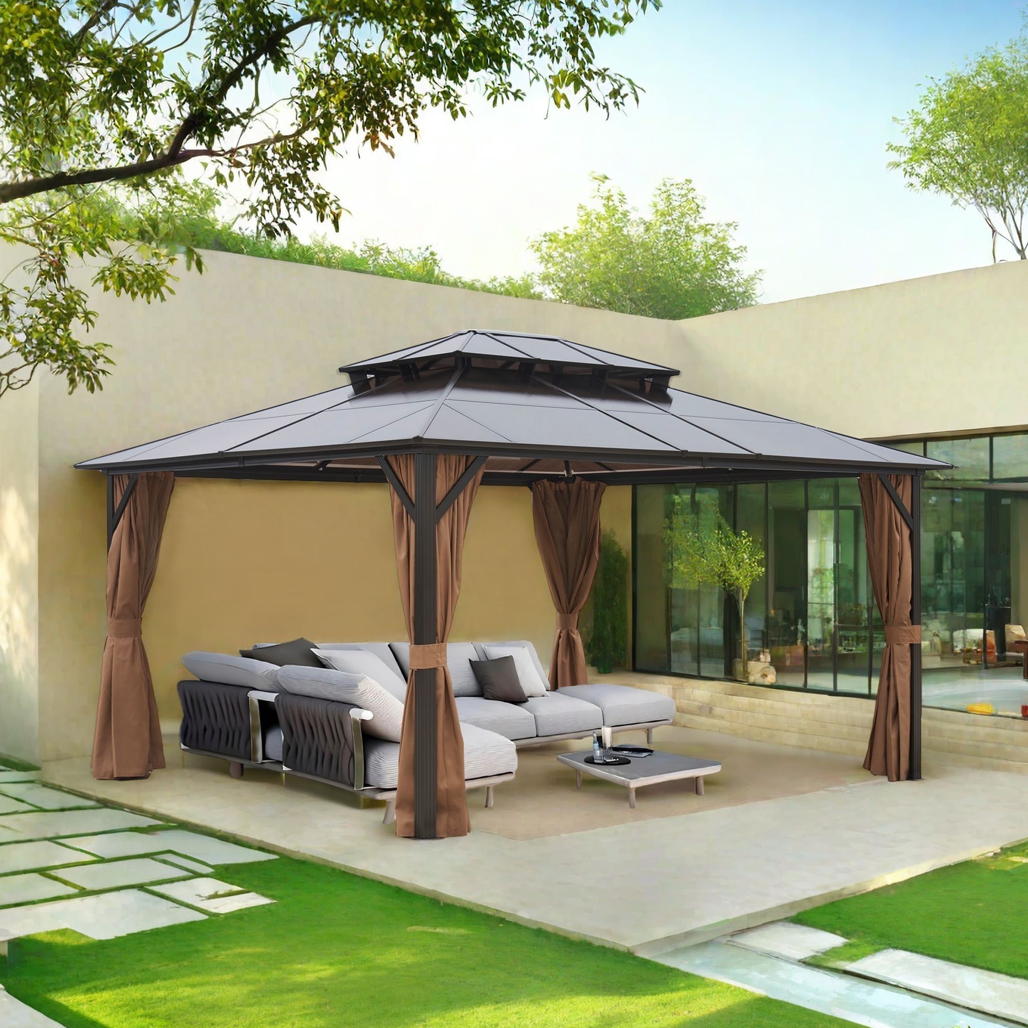 10x12FT Hardtop Gazebo Double Roof Canopy Outdoor with Netting and Curtains, Aluminum Frame Polycarbonate Roof Garden Tent for Patio, Backyard, Deck,
