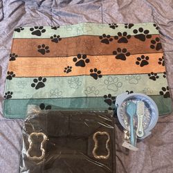 NEW!! Dog Mat, Dog Toy Box Holder, Dog Bowl, Spatula And Brush