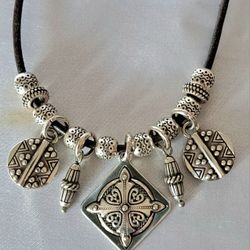 NWT Vintage Brighton Leather Cord Silver Medallion Necklace