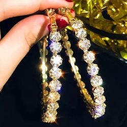Fashion Large Trendy Diamond Hoop Earrings.  011