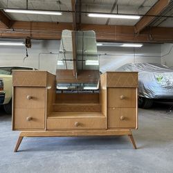 1950s James Phillips and sons blonde vanity dresser with mirror