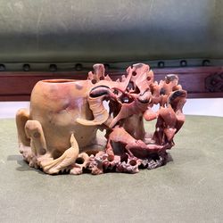 Antique Vase Chinese Carved Soapstone Vase Birds & Monkey Brush Pot Exquisite