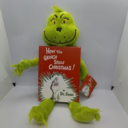 New How The Grinch Stole Christmas Dr. Seuss 18” Plush Doll Stuffed With book New With Tags  Christmas Decor 