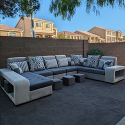 2-Tone Gray Modular Sectional with Arm Storage & Ottomans - New - Free Delivery