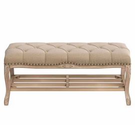 45.2" beige/French Vintage Tufted Entryway Bench with Distressed Wood Legs