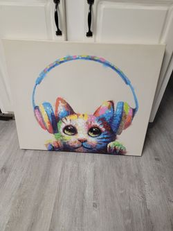 Colorful Cat with Headphones Canvas Wall Art