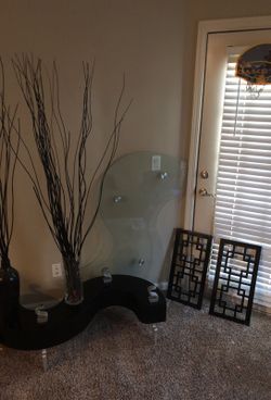 S shaped coffee table with decorations