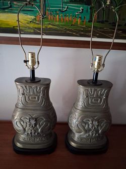 Archaistic Pair of Brass Chinese Hu Vessel Urn Table Lamps.