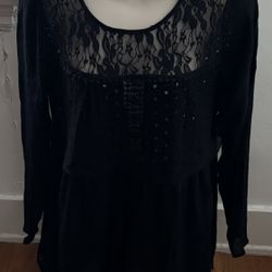 Forgotten Grace Women’s Black Lace Crochet Detailing Long Sleeve Blouse Tunic, size S 