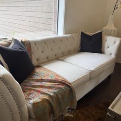 Tufted Beige Linen Upholstered Sofa 
