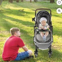 Kinder King 3 in 1 Reversible Baby Stroller w/Detachable Tray, Convert to Newborn Bassinet Pram, Folding Infant Carriage for Toddler, Adjustable Canop