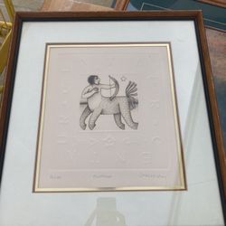 Etched Drawing Hand Signed With Wood And Glass Frame