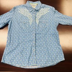 Panhandle Rough Stock Womens Blue Snap Pearl Button Collared Shirt  