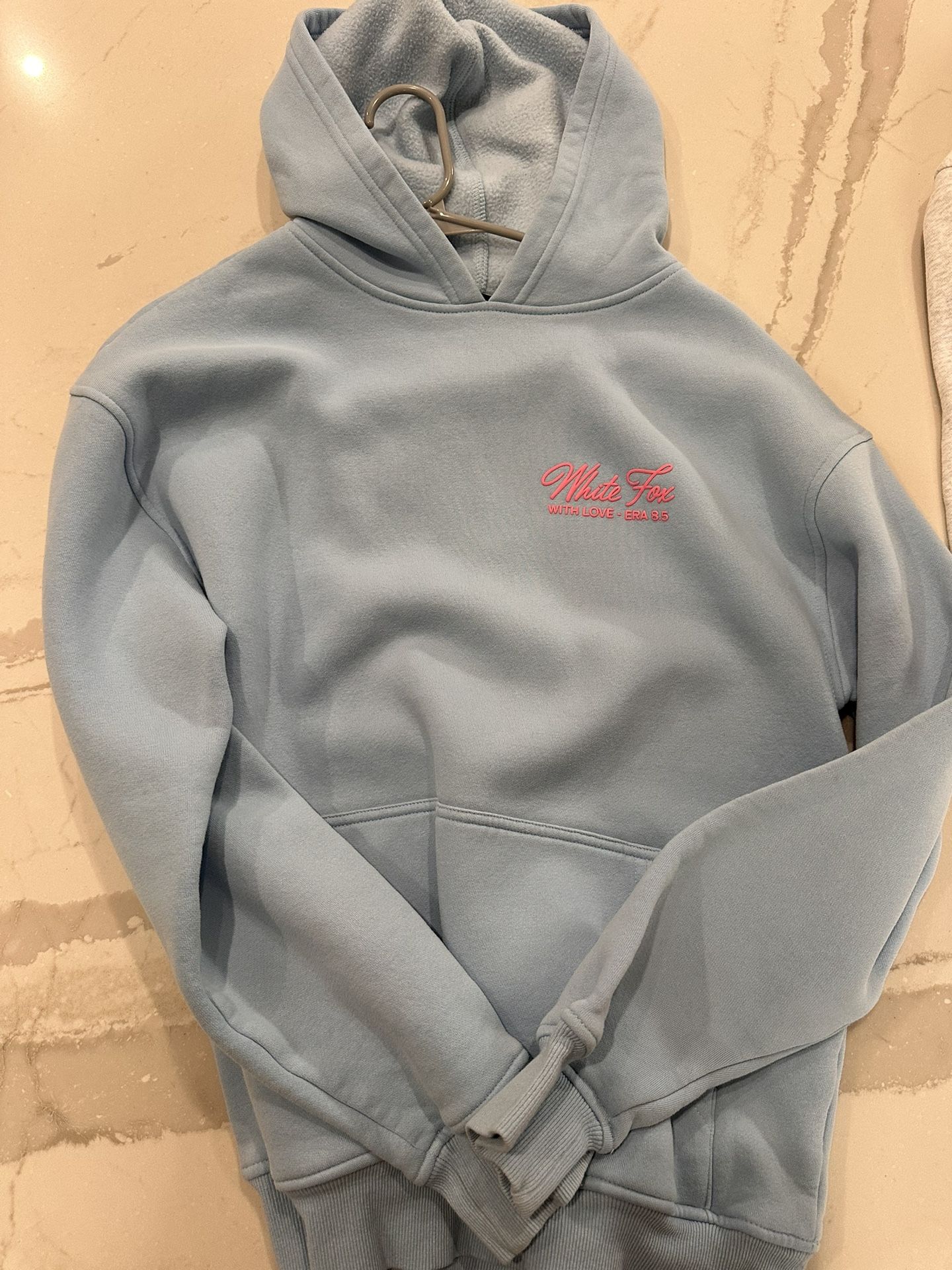 Baby Blue White Fox Hoodie Size Extra Small/Small With Pink Writing