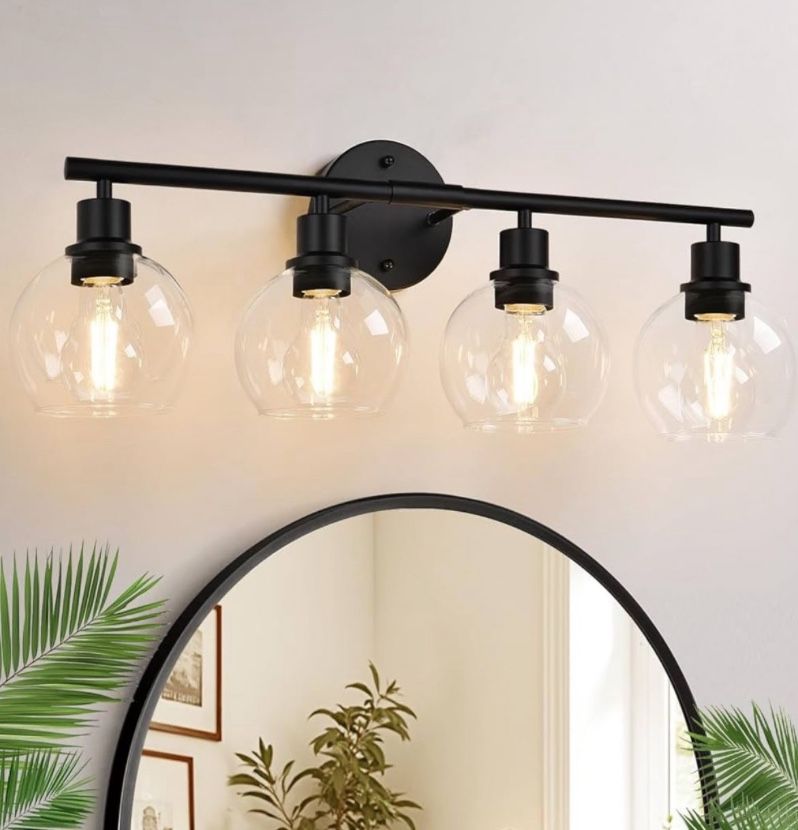 Black Bathroom Lights Over Mirror with Clear Glass Globe Shade. 27”