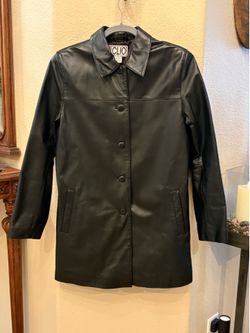 Vintage CLIO Women Black Leather Button-Front Y2K Coat Size 6